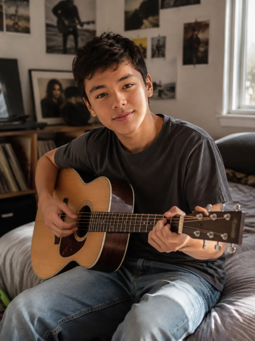 Teenager playing guitar in his room
