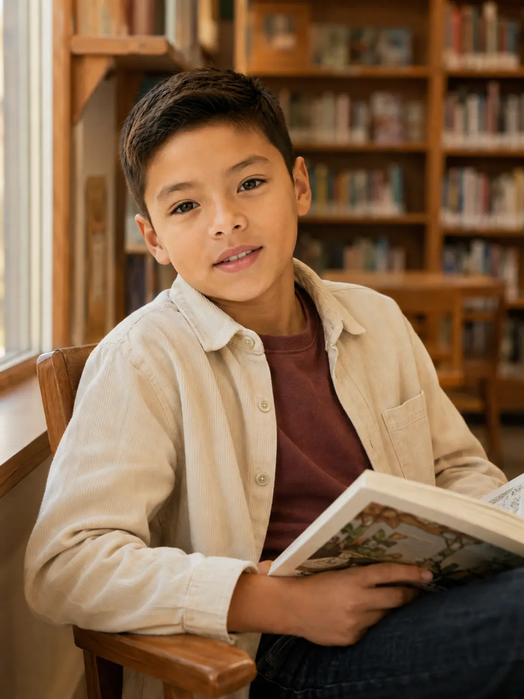 Boy reading a book in a library