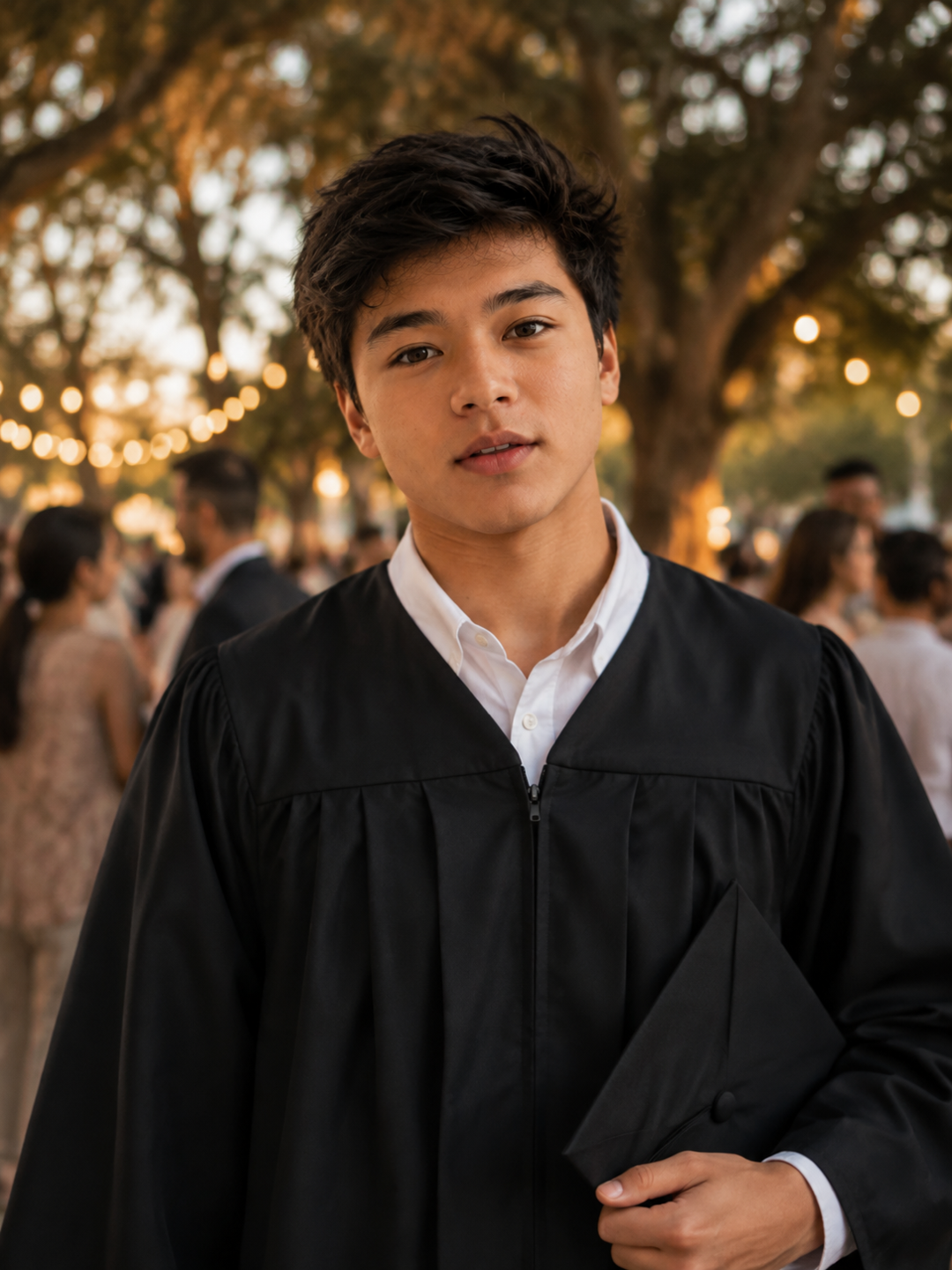 Young man at his graduation at dusk