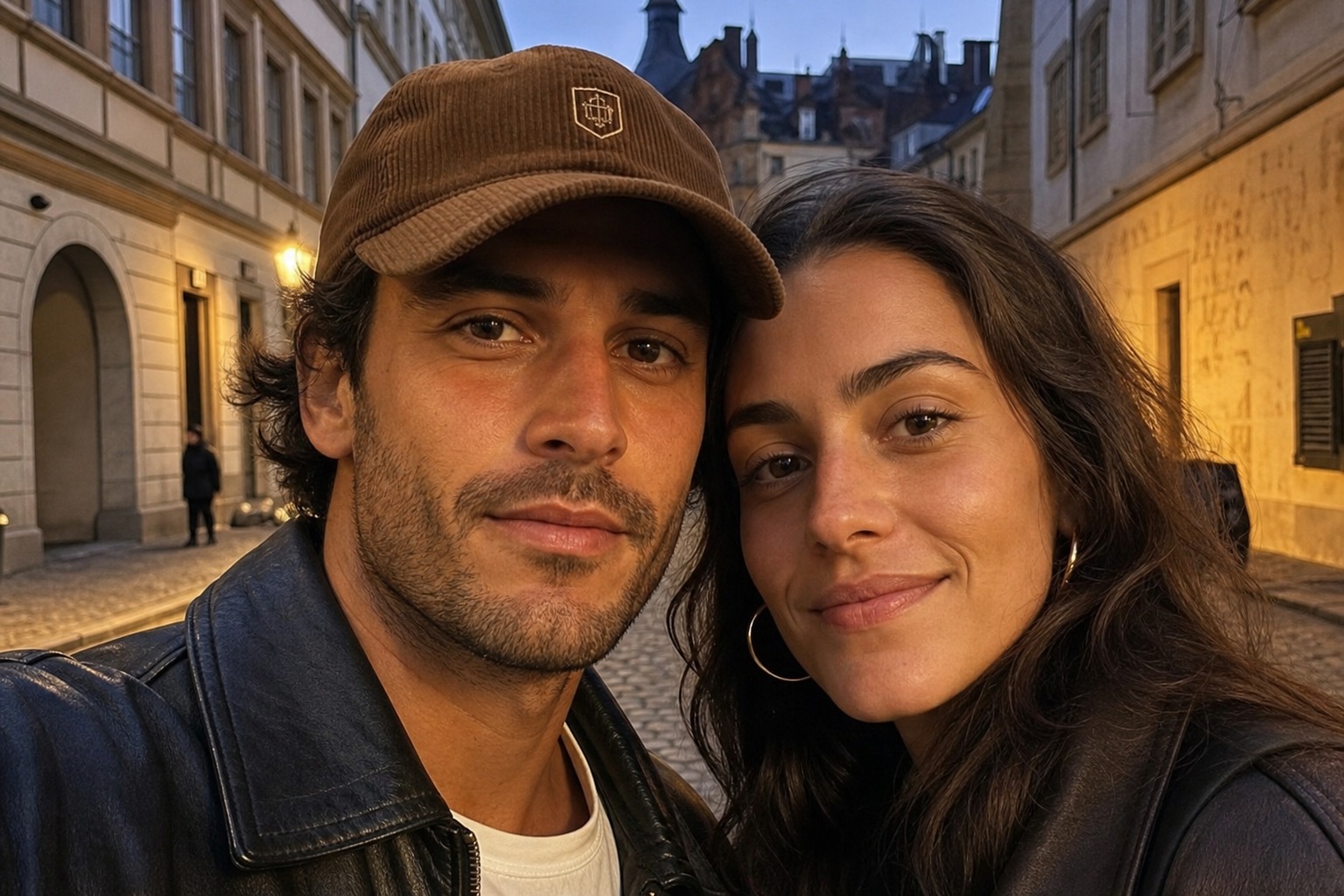 The couple on a quiet street at dusk