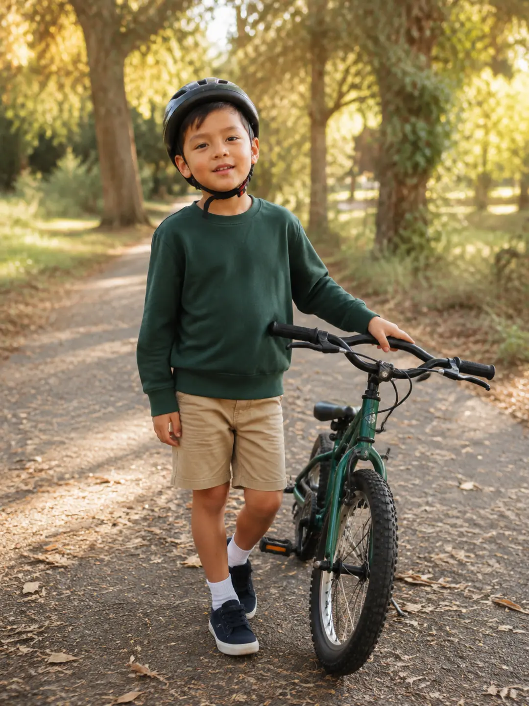 Boy with his bicycle on a tree-lined path
