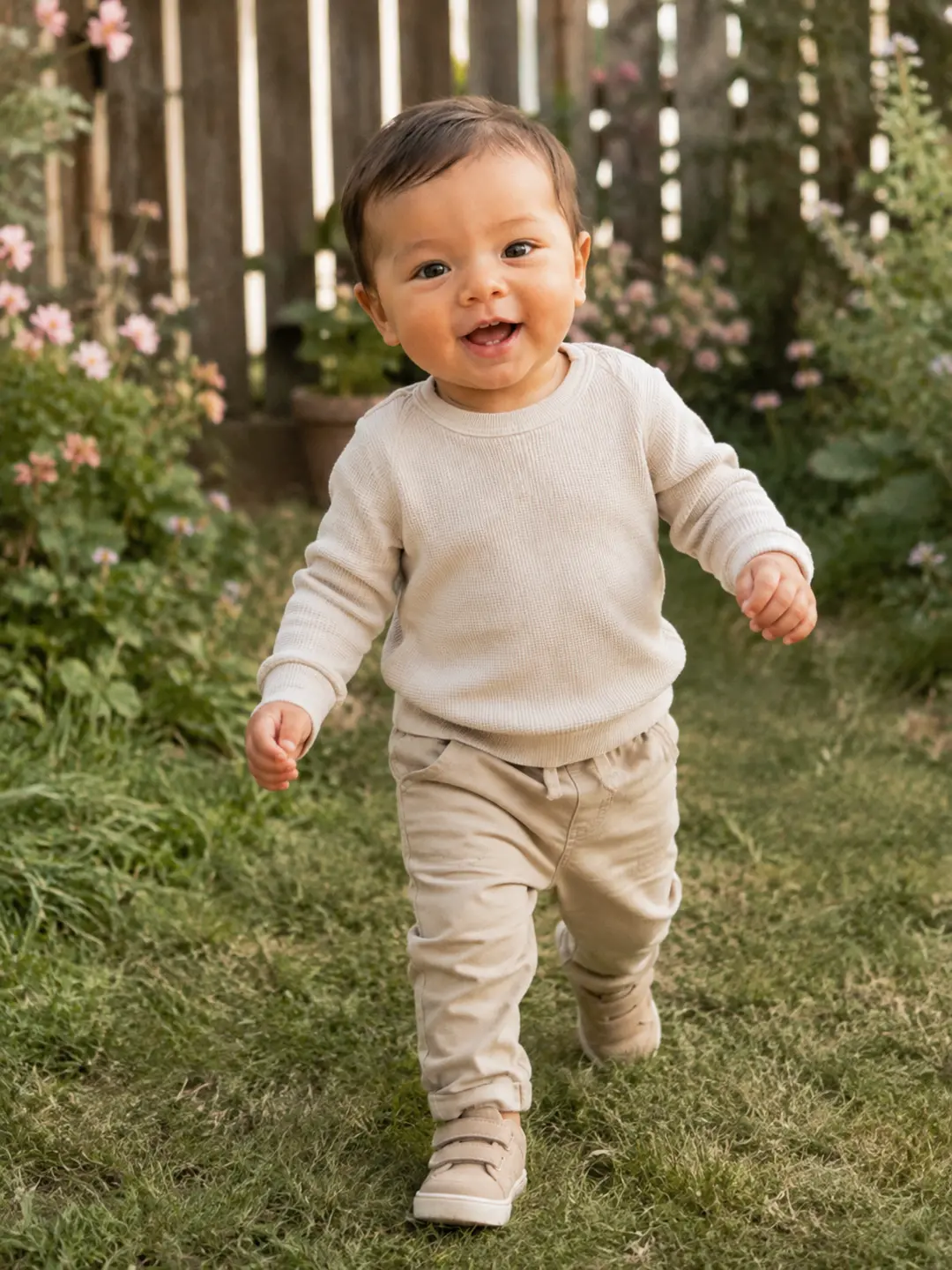Toddler walking in a garden